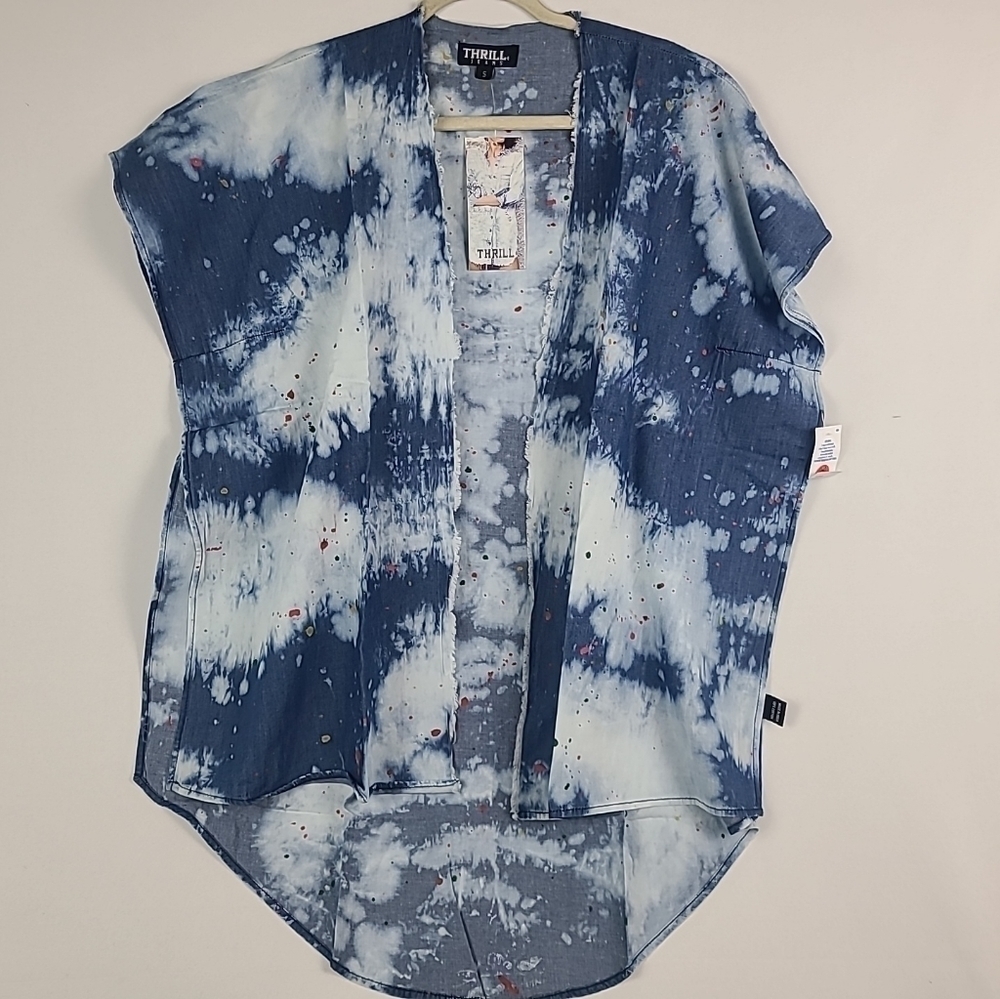 NEW Thrill Jeans Top Size S Blue Acid Wash Rainbow Denim Open Kimono Sleeve